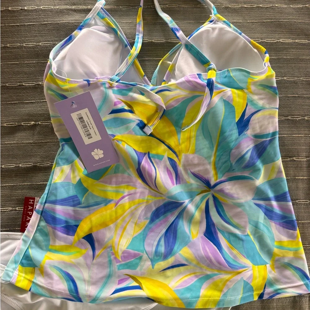 Hapari Twist Tankini Set in Blue, Yellow & White Leaf Print - Med/Lg - Picture 2 of 6